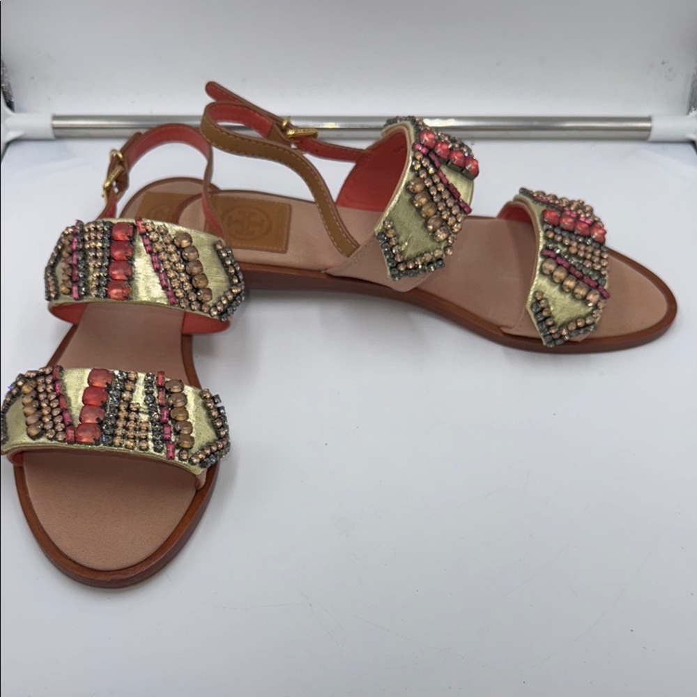 Tory Burch Gold Jeweled Strappy Sandals - Picture 7 of 16